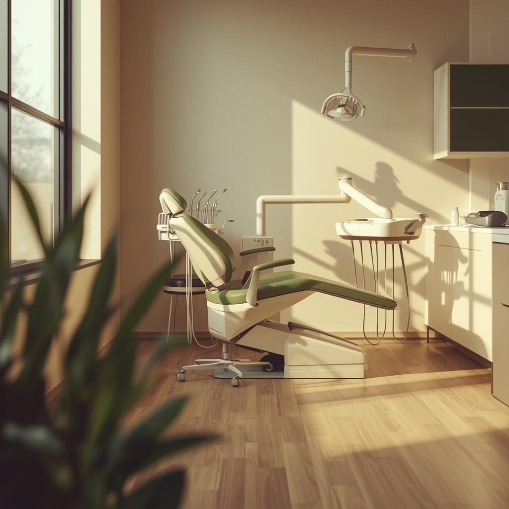 Sala de tratamiento de una clínica dental moderna iluminada en tonos cálidos