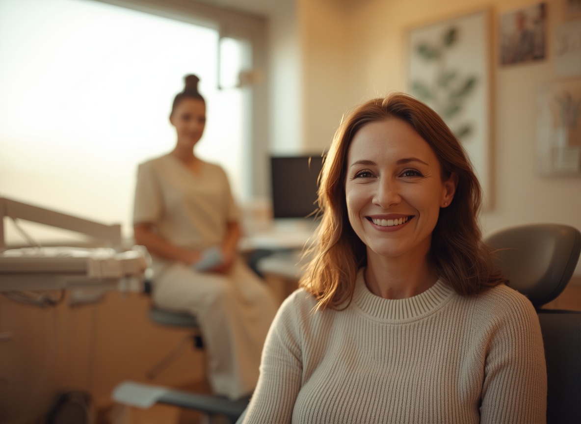 Paciente sonriendo en consulta dental moderna